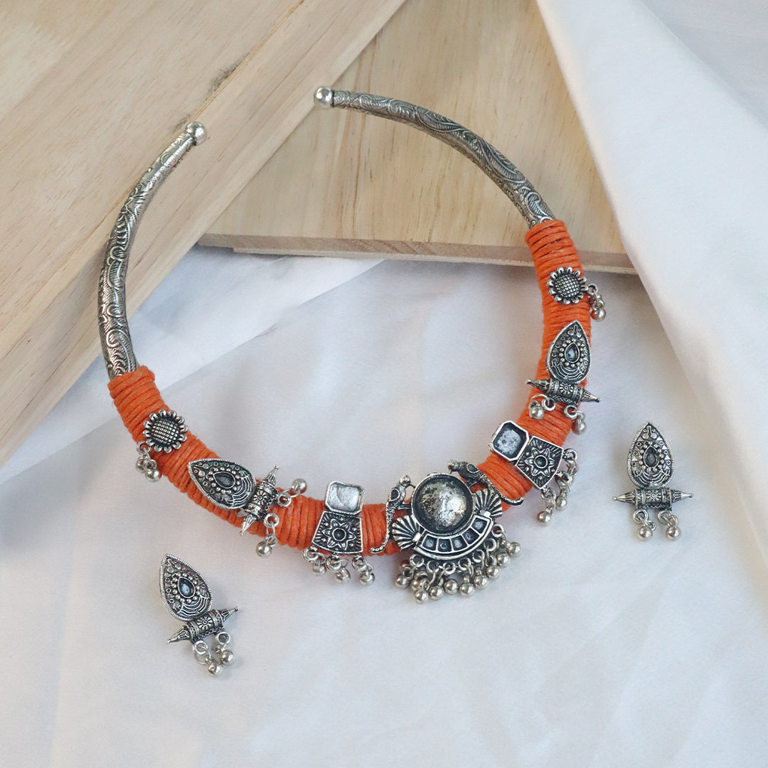 Handcrafted Oxidized Silver Tribal Necklace Set With Orange Thread Work ( Navratri Special )