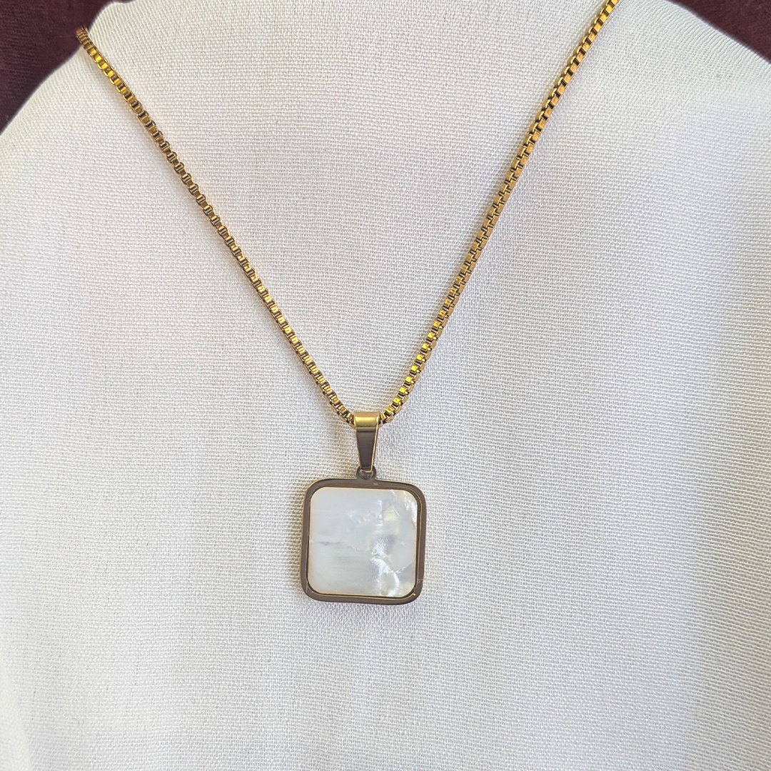 Gold Plated Square White Shell Pendant For Girls & Women