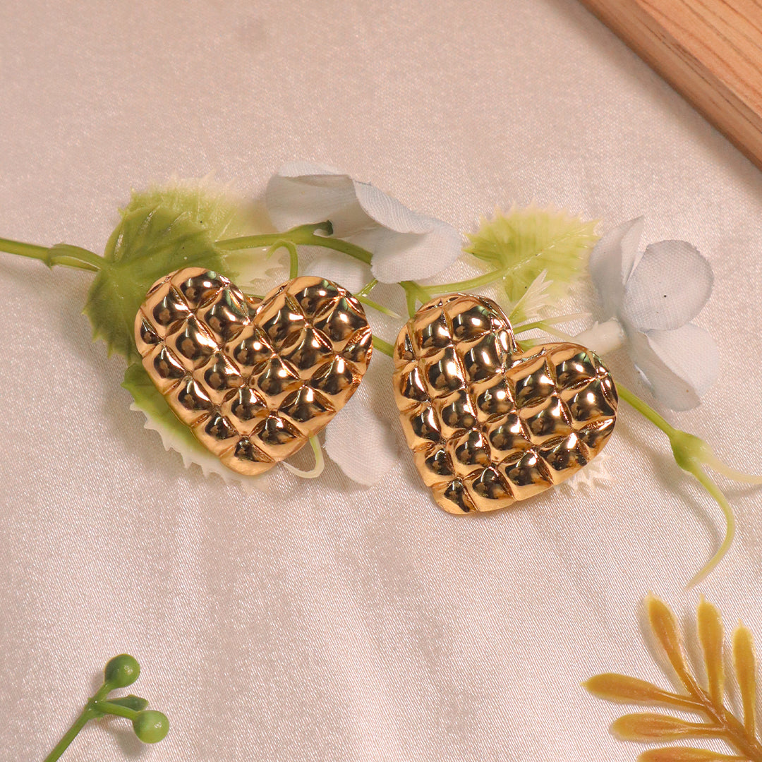 18K Gold Plated Textured Heart Stud Earrings (Anti Tarnish)