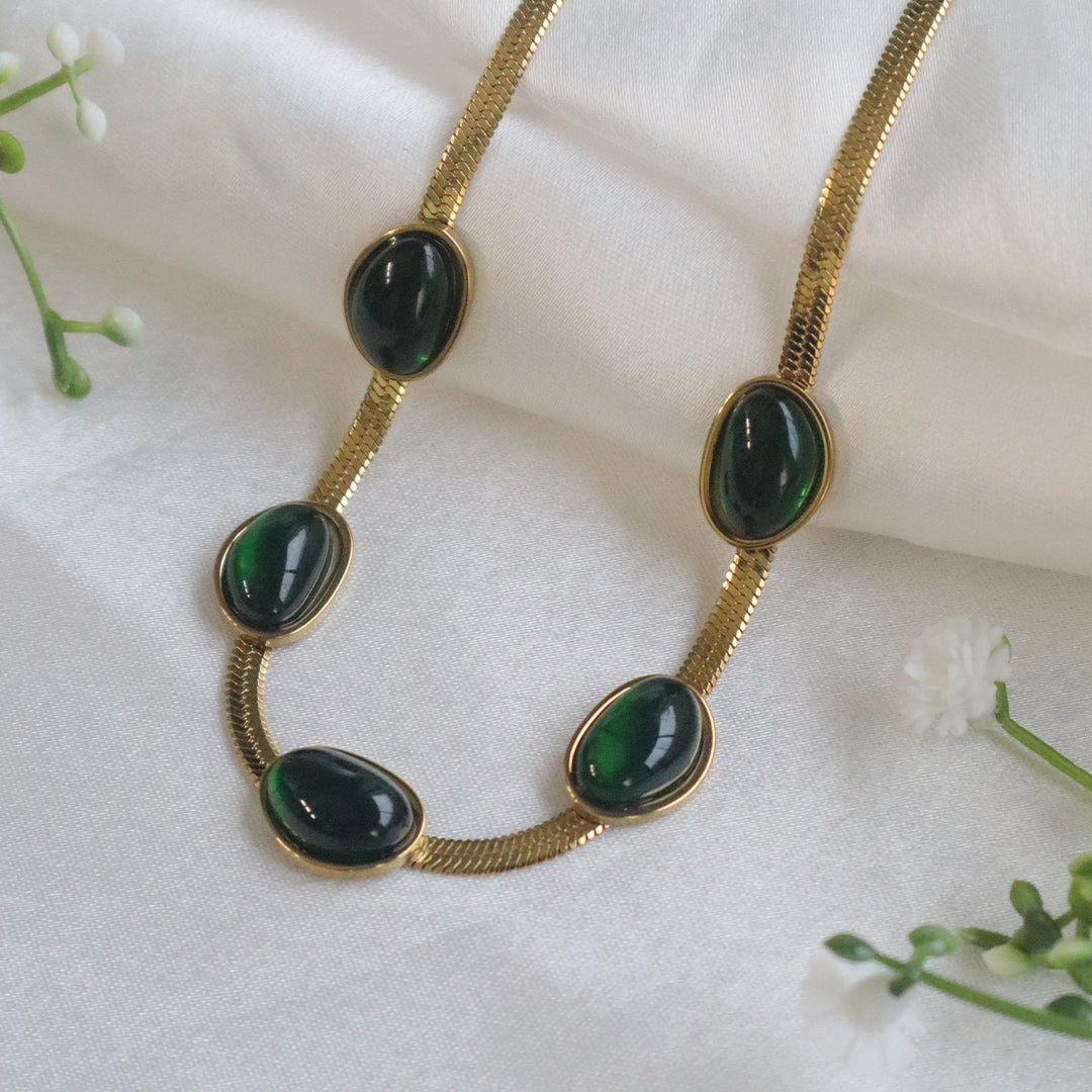 18K Gold Plated Green Stone Statement Necklace