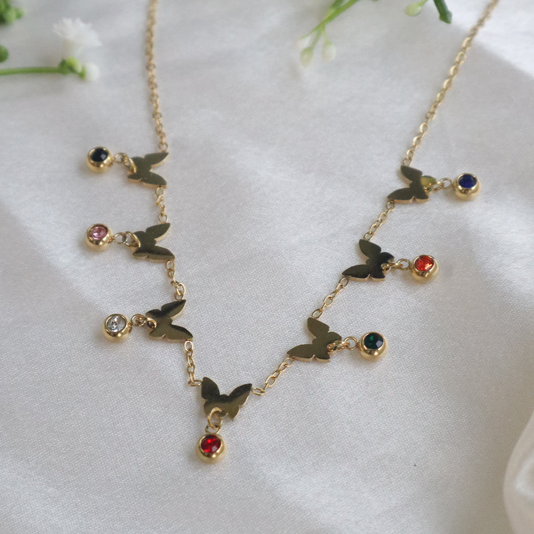 18K Gold Plated Butterfly Necklace with Colorful Stones (Anti Tarnish)