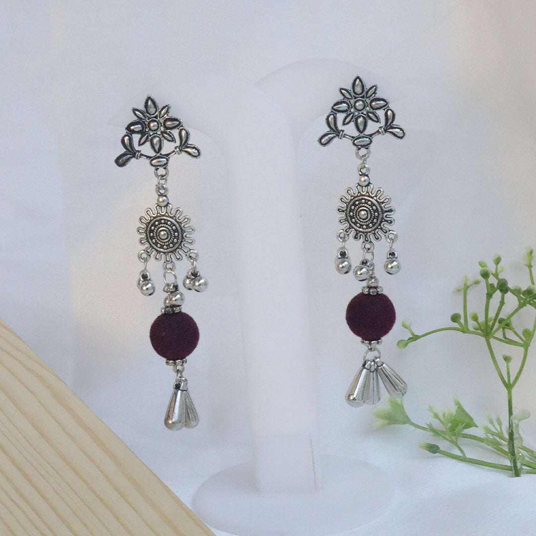 Dual Beaded Oxidized Necklace Set with Maroon & Bottle Green Velvet Beads(Navratri Special)