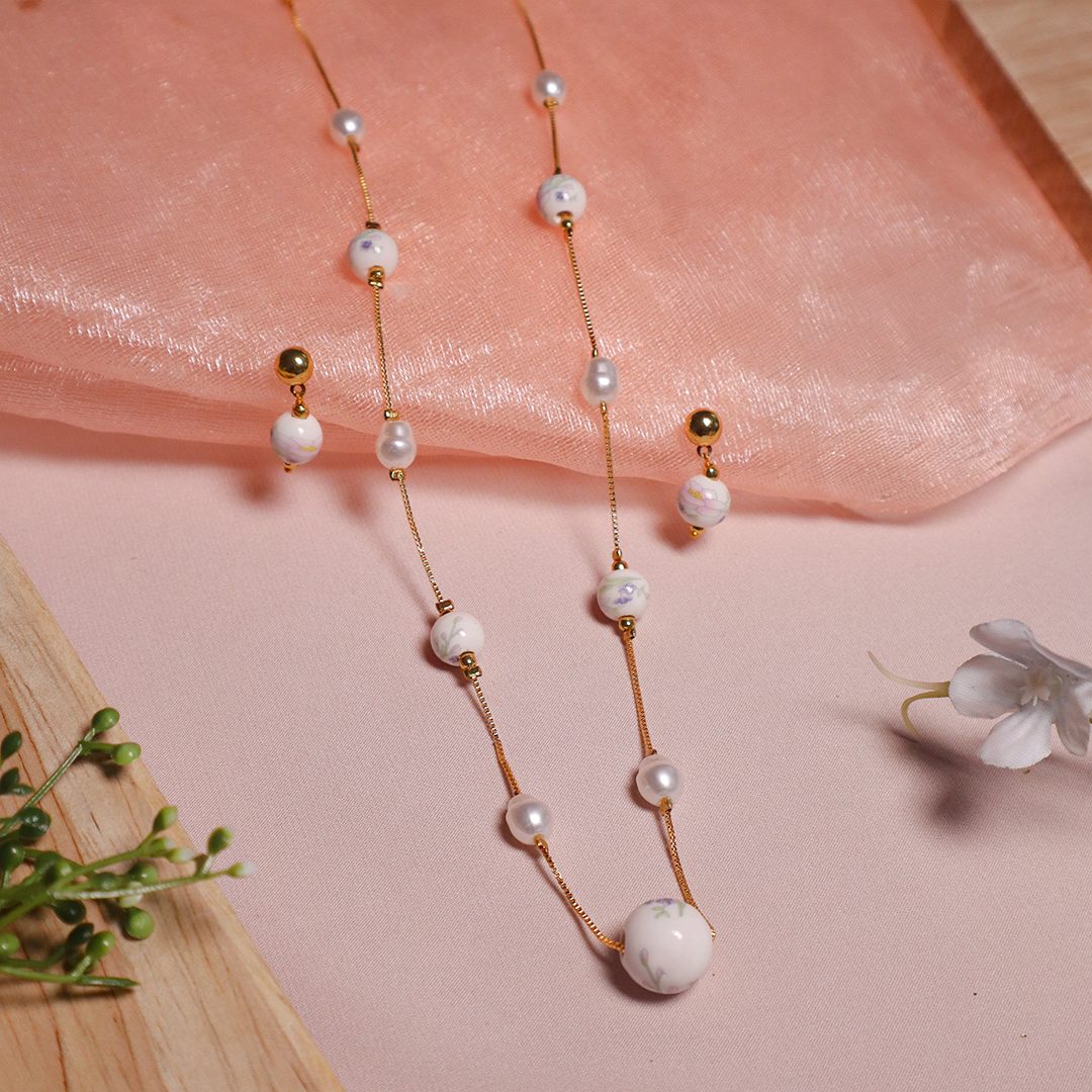 Moonlight Mist Pearl Beaded Necklace With Earrings