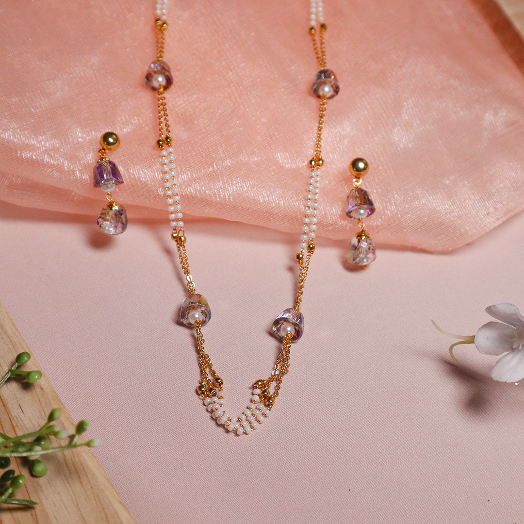 Crystal Bell Charm Pearl Dual-Strand Necklace With Earrings