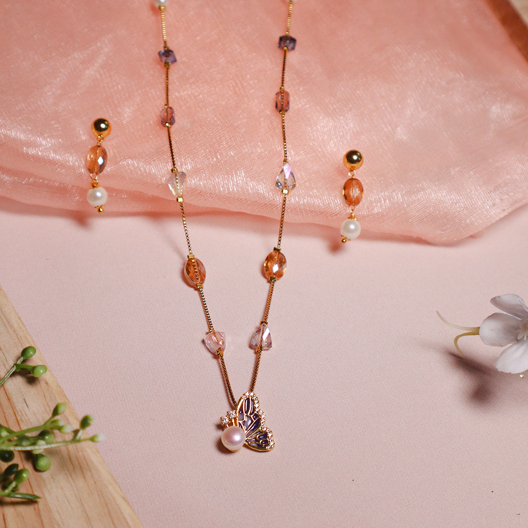 Butterfly Bliss Pastel Beaded Necklace With Earrings