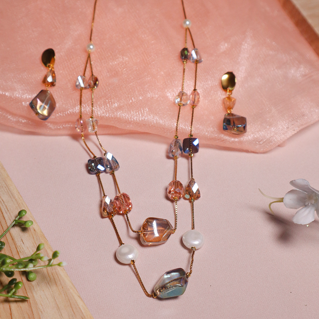 Crystal Stone Dual-Strand Necklace With Earrings