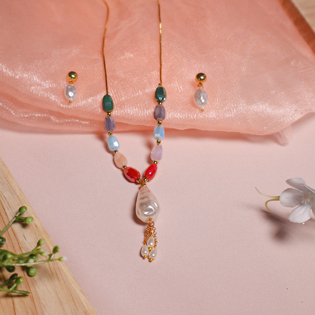 Pearl Drop Multicolor Beaded Necklace With Earrings