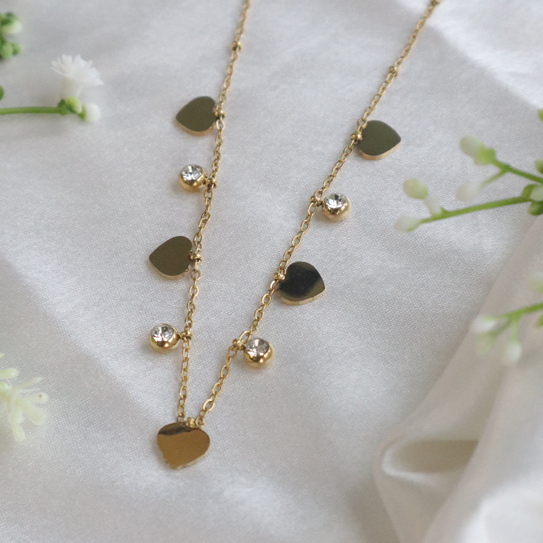 18K Gold Plated Heart & Crystal Charm Necklace (Anti Tarnish)