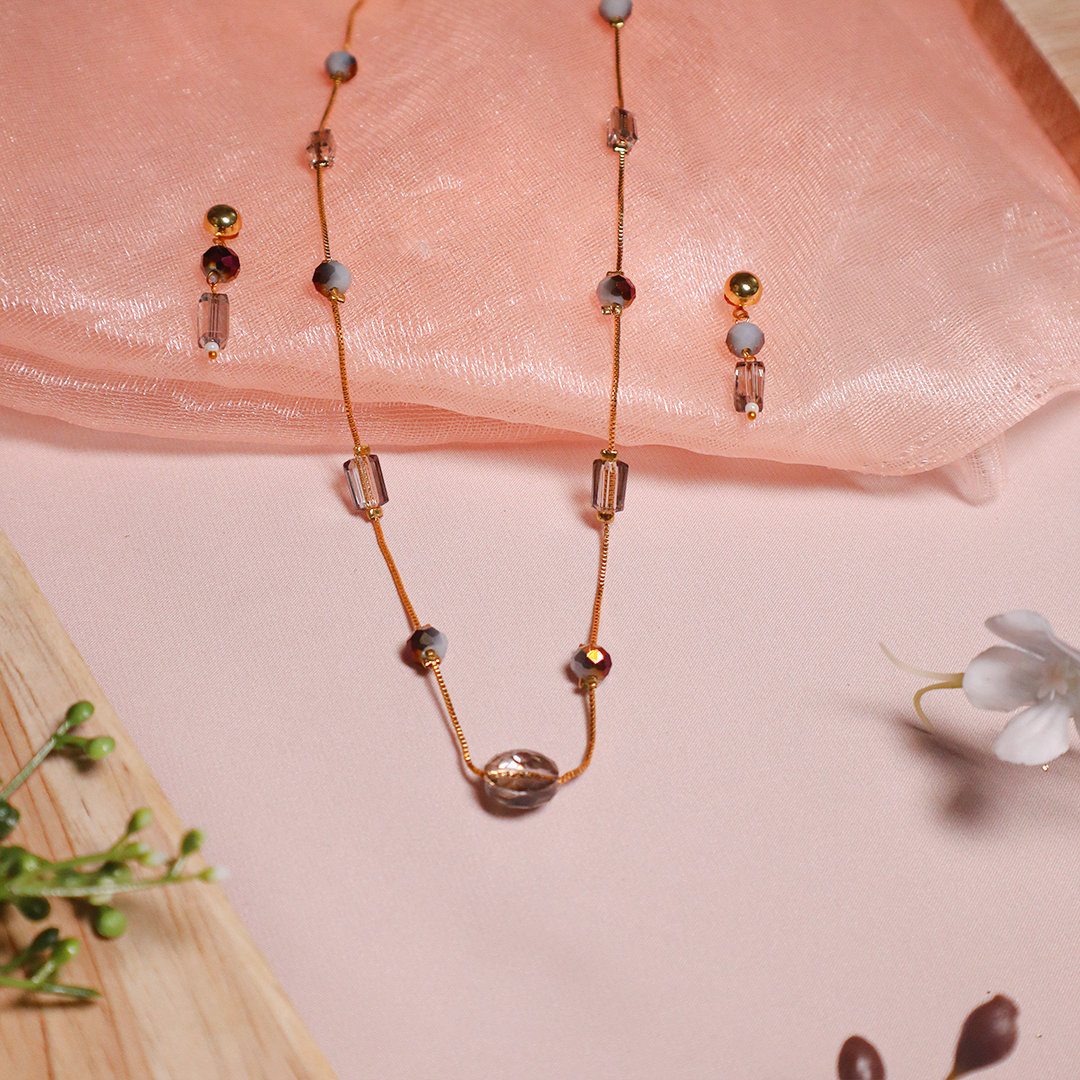 Smoky Crystal Charm Beaded Necklace With Earrings