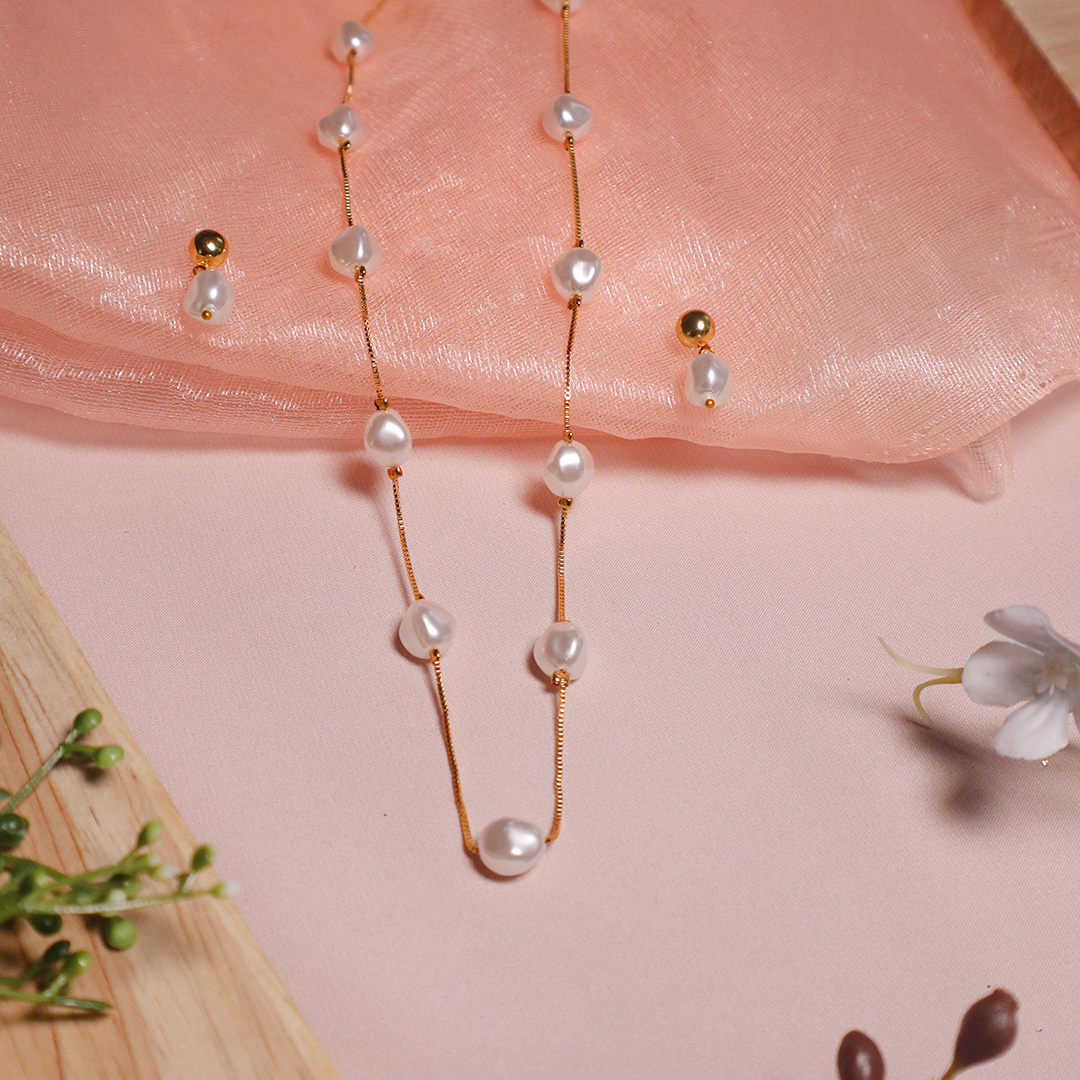 Minimal Pearl Beaded Necklace & Earrings