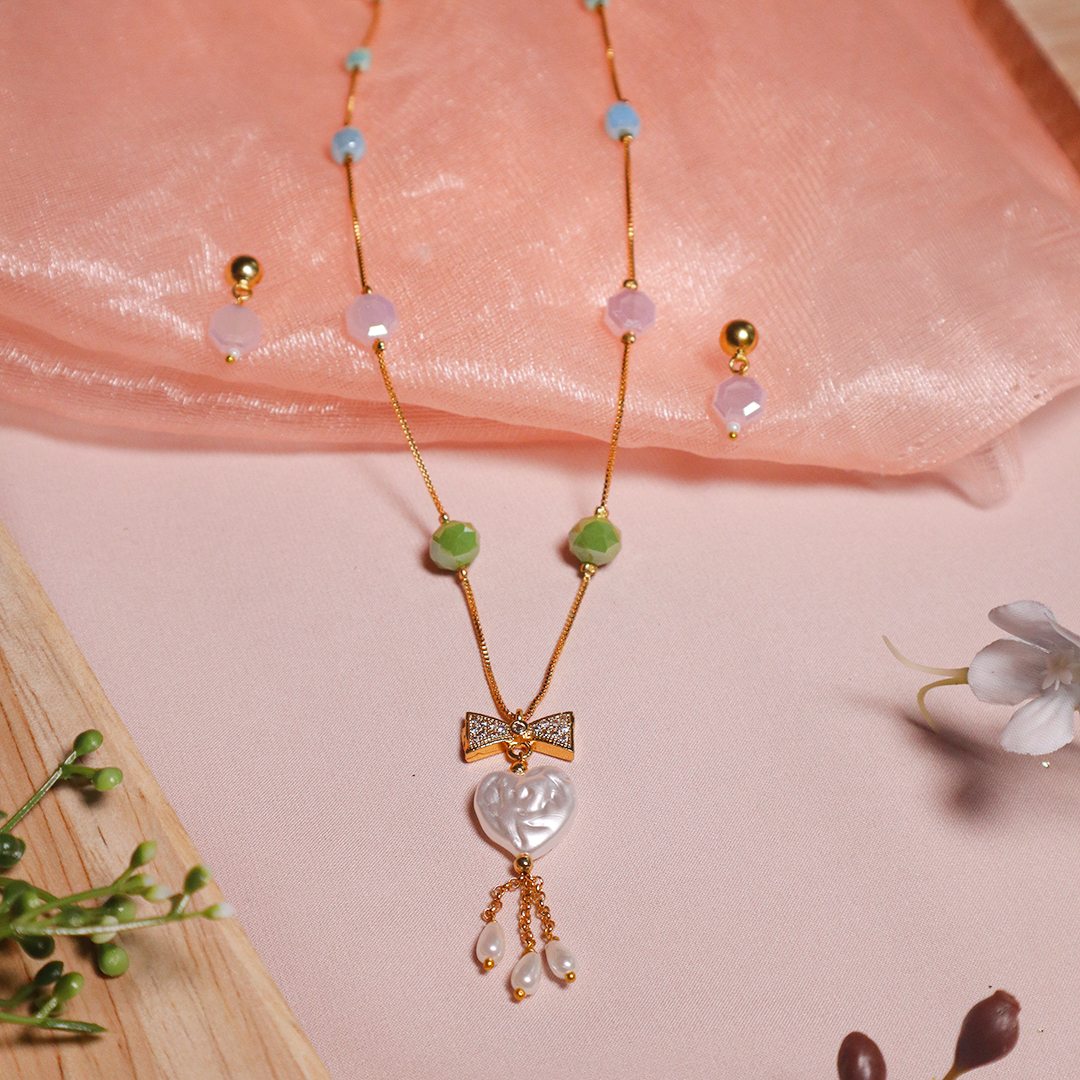 Diamond Bow Charm Pastel Beaded Necklace With Earrings
