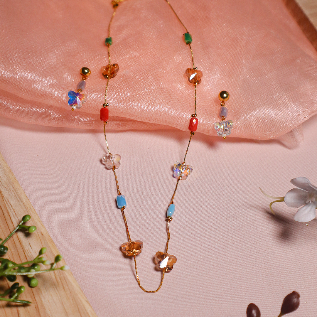 Butterfly Glow Multicolor Beaded Necklace With Earrings