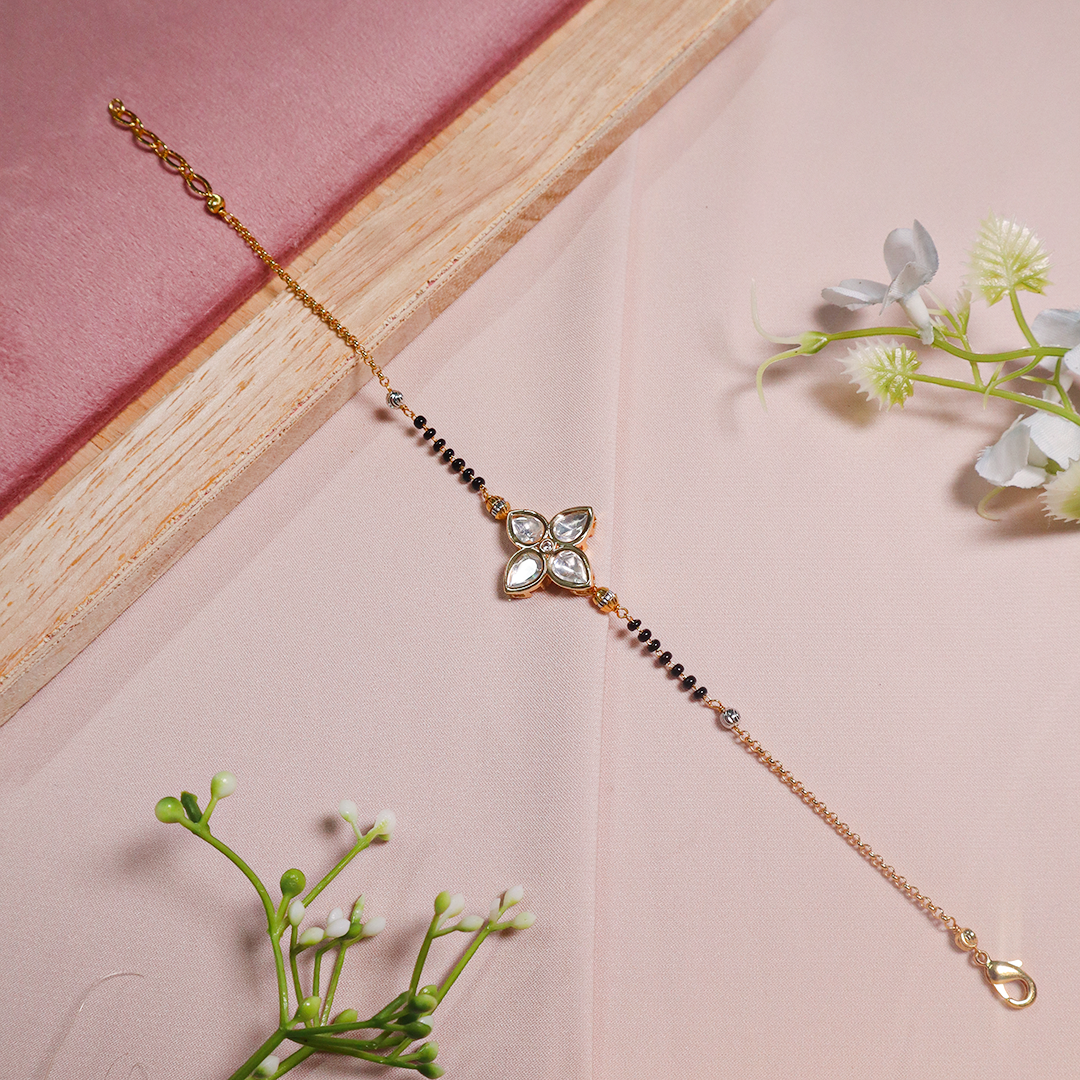 Gold Plated Kundan Clover Diamond Mangalsutra Bracelet