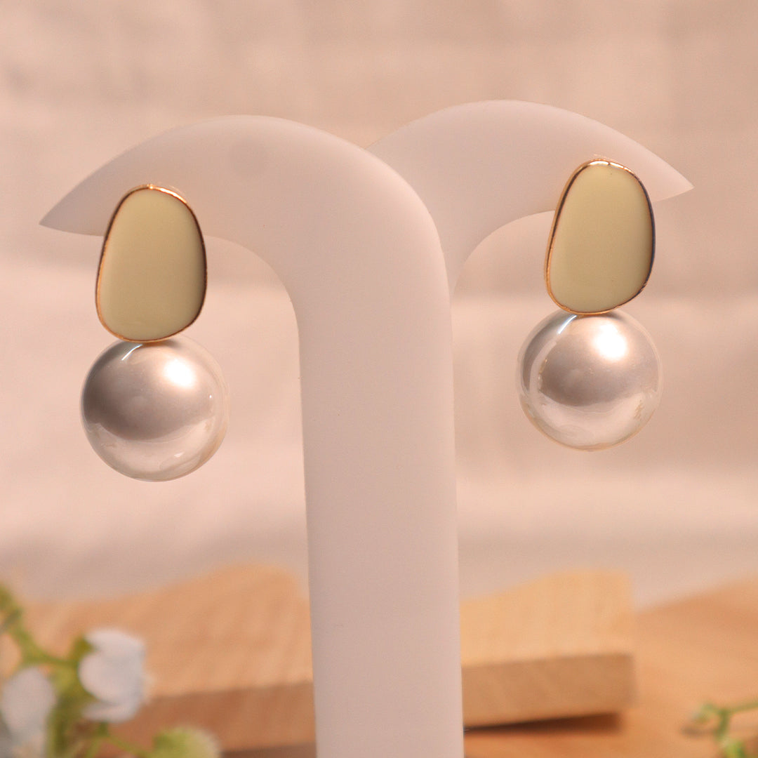 Off-White Enamel & Faux Pearl Drop Earrings