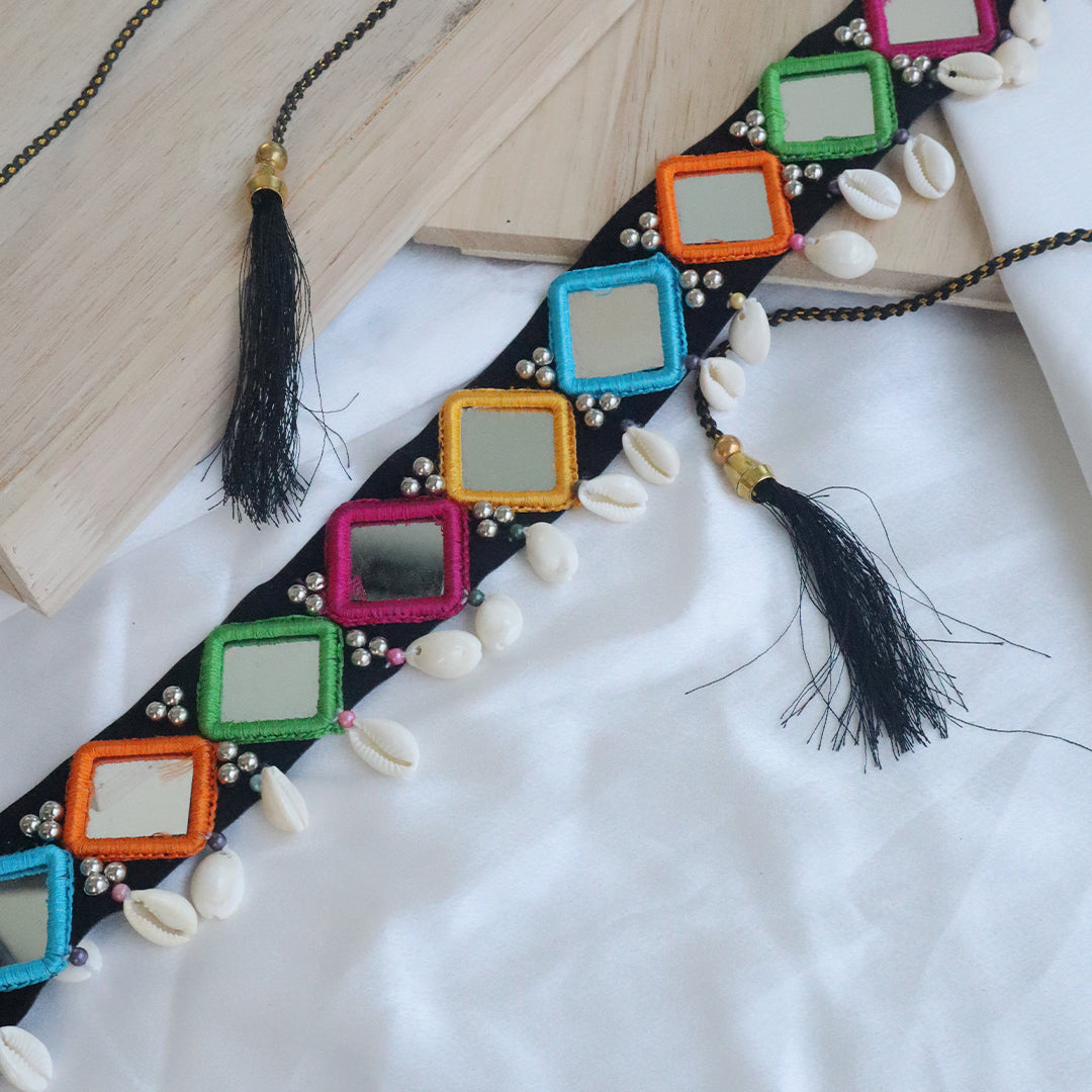 Handcrafted Kutchi Mirror Work Necklace With Cowrie Shell & Bead Detailing (Navratri Special)