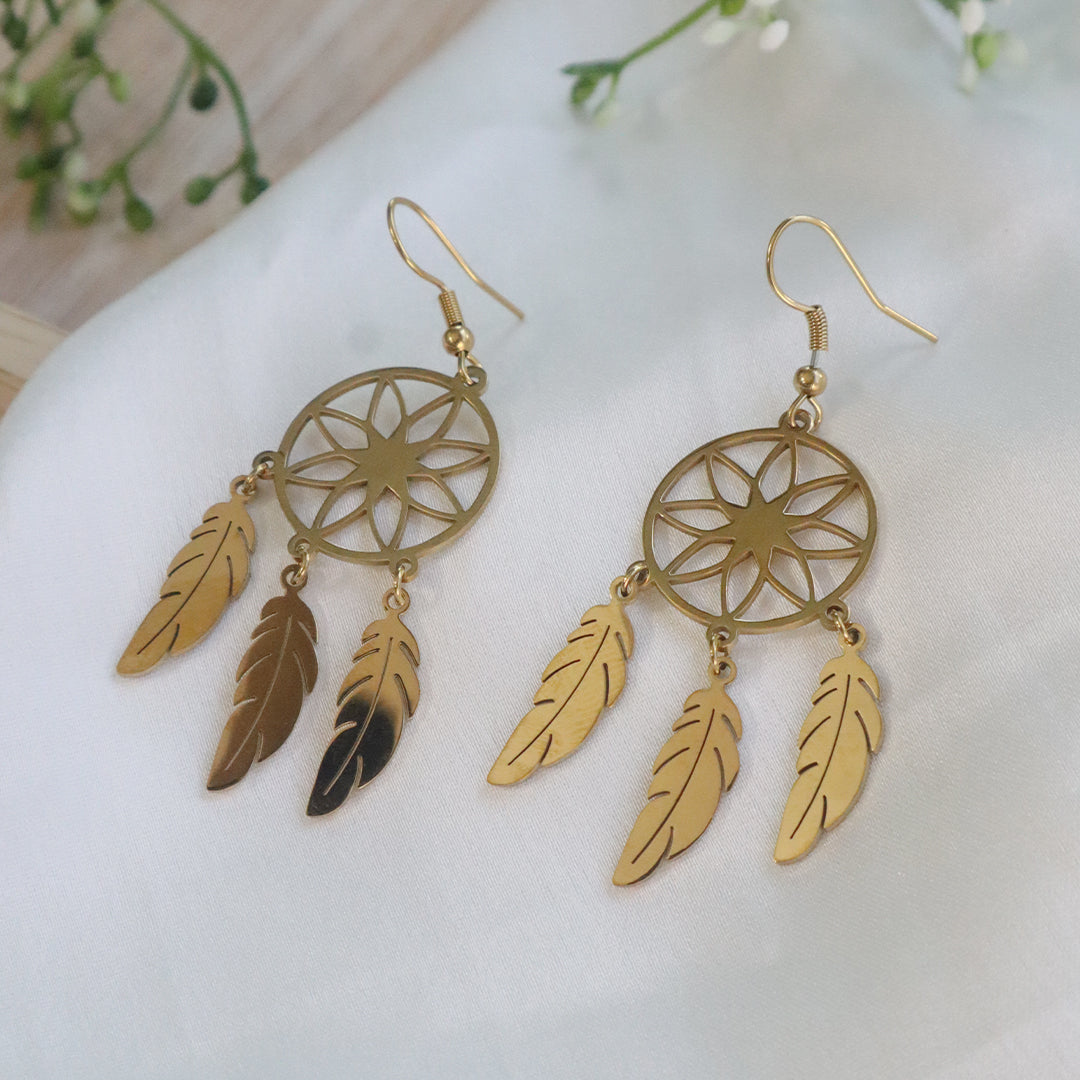 18K Gold Plated Dream Catcher Feather Earrings (Anti Tarnish)