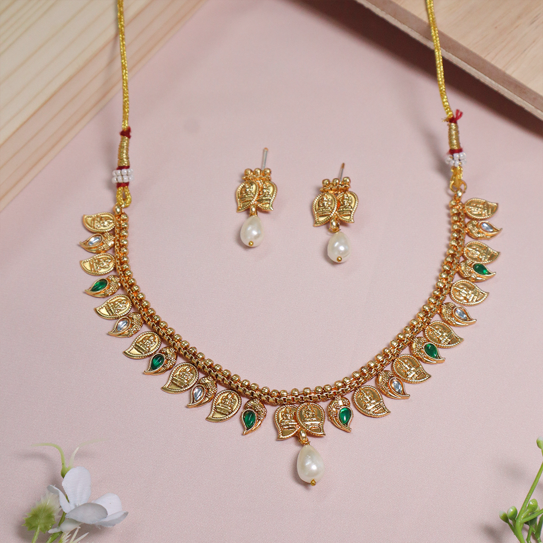 Gold Plated Goddess Lakshmi Studded Stone Rajwada Necklace With Earrings