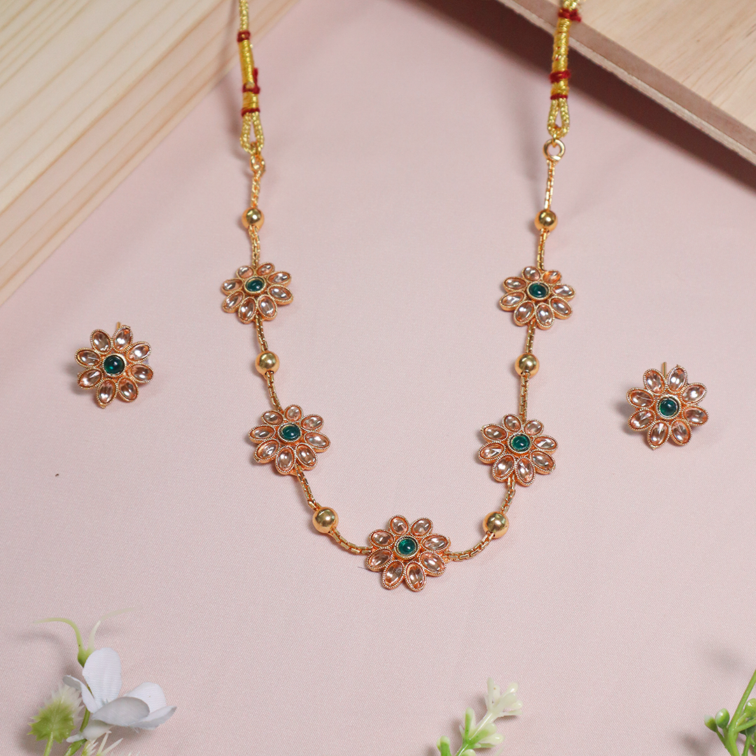 Gold Plated Floral Bliss Rajwada Necklace With Earrings
