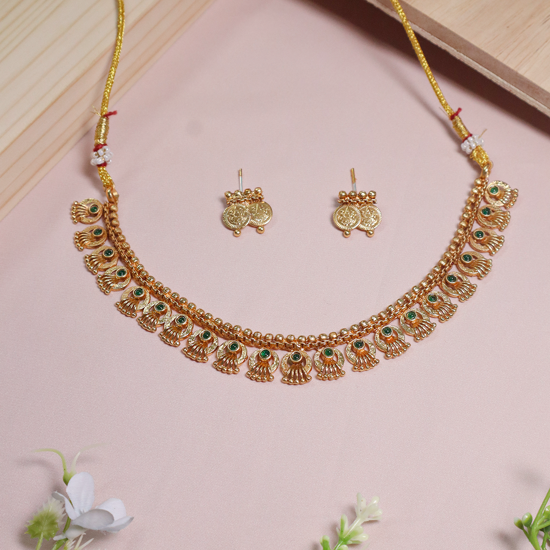 Gold Plated Green Stone Studed Rajwada Necklace With Earrings