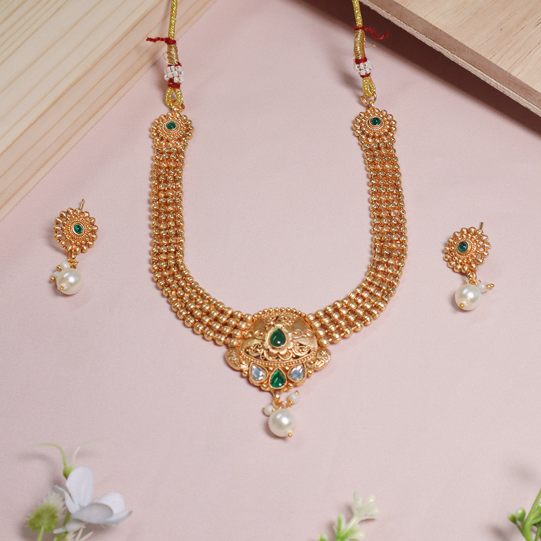Gold Plated Vintage Rajwada Necklace With Earrings