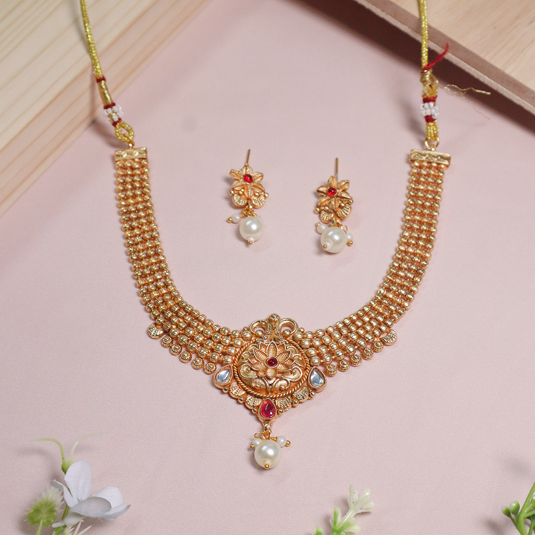 Gold Plated Royal Lotus Rajwada Necklace With Earrings