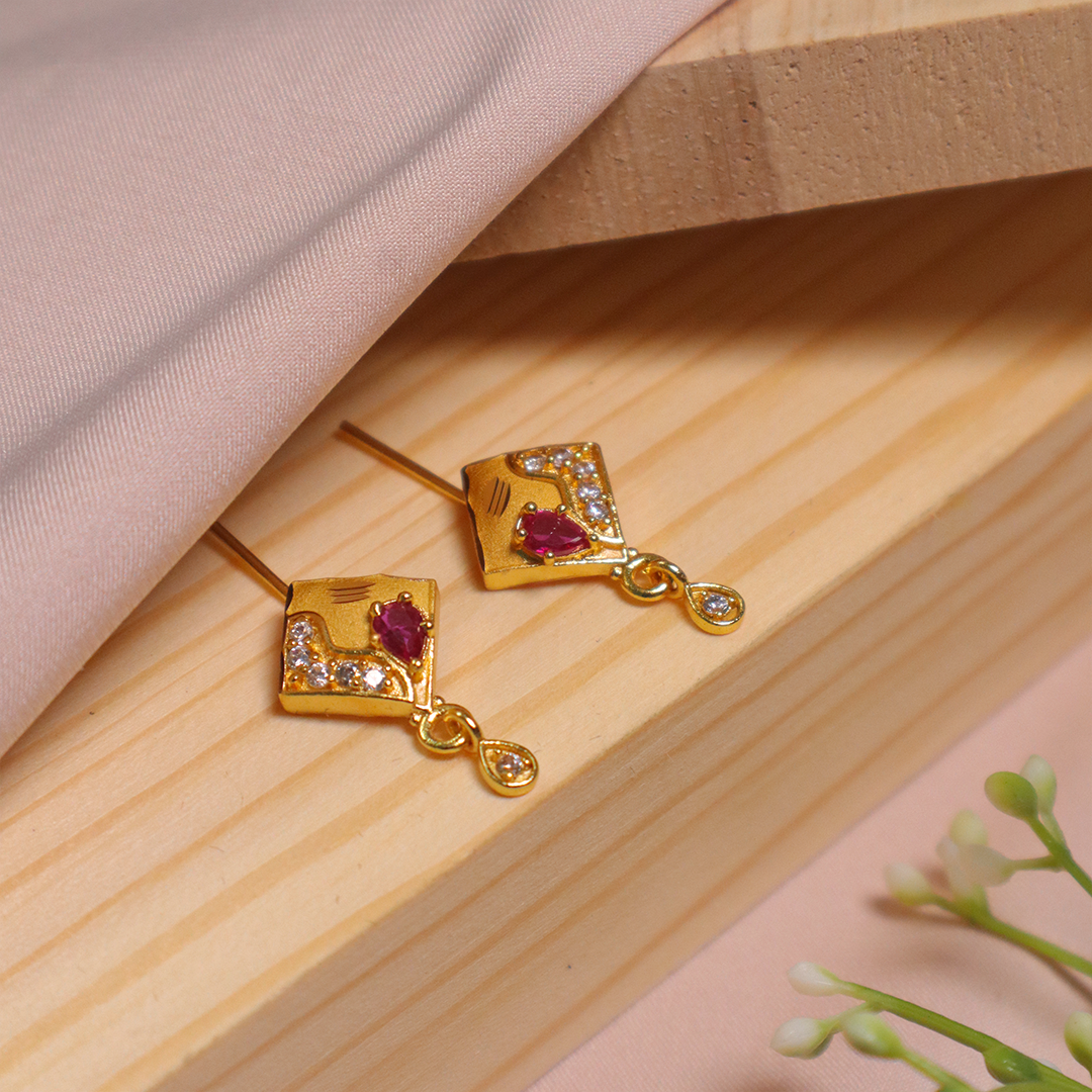 Gold Plated Ruby Square Diamond Drop Earrings
