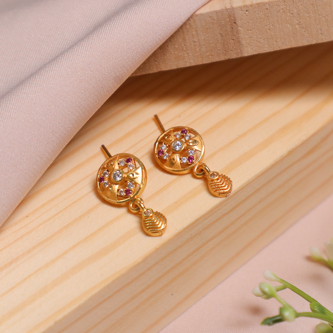 Gold Plated Ruby & Diamond Round Drop Earrings with Leaf Motif