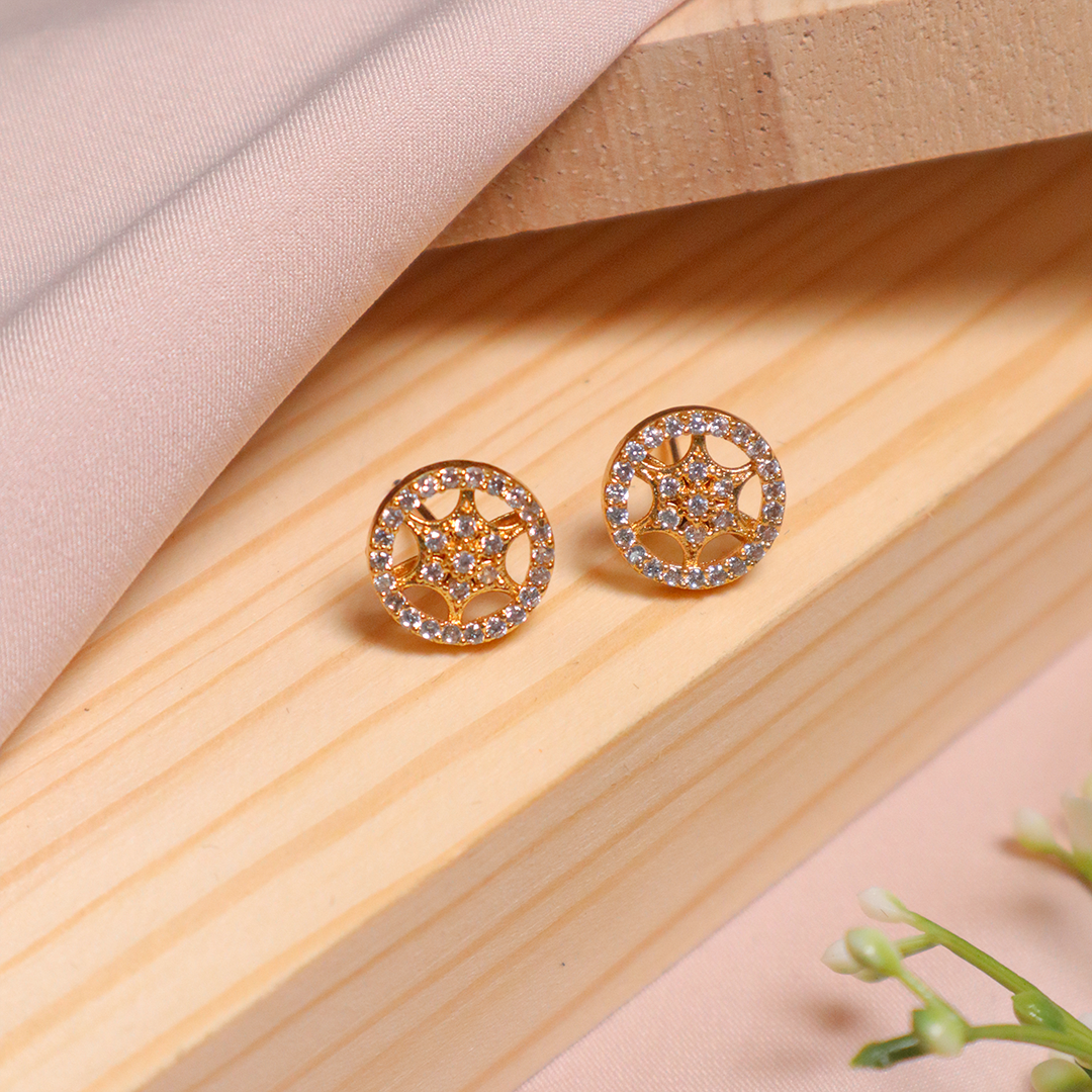 Gold Plated Star Circle Diamond Stud Earrings