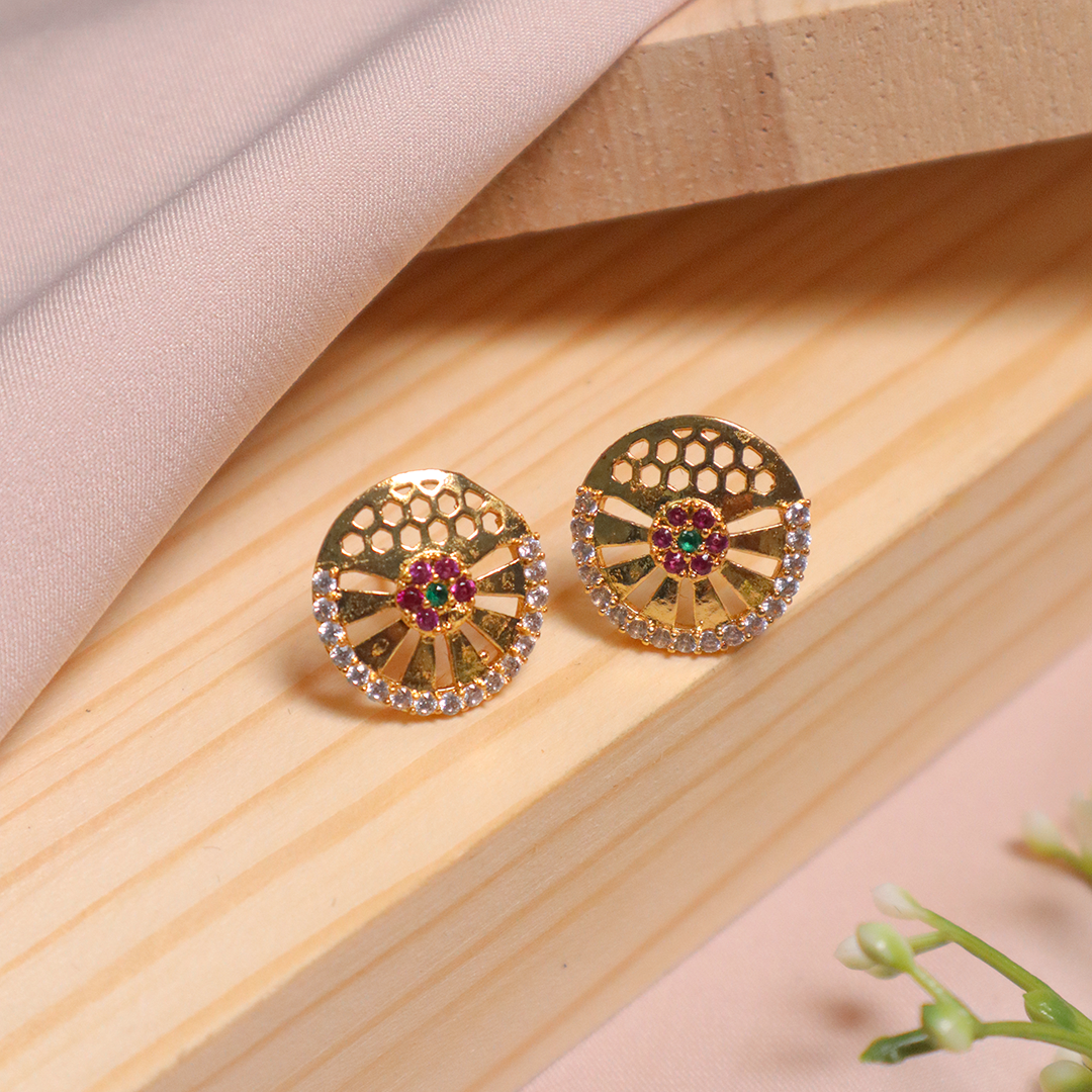 Gold Plated Floral Multi-Color Diamond Stud Earrings