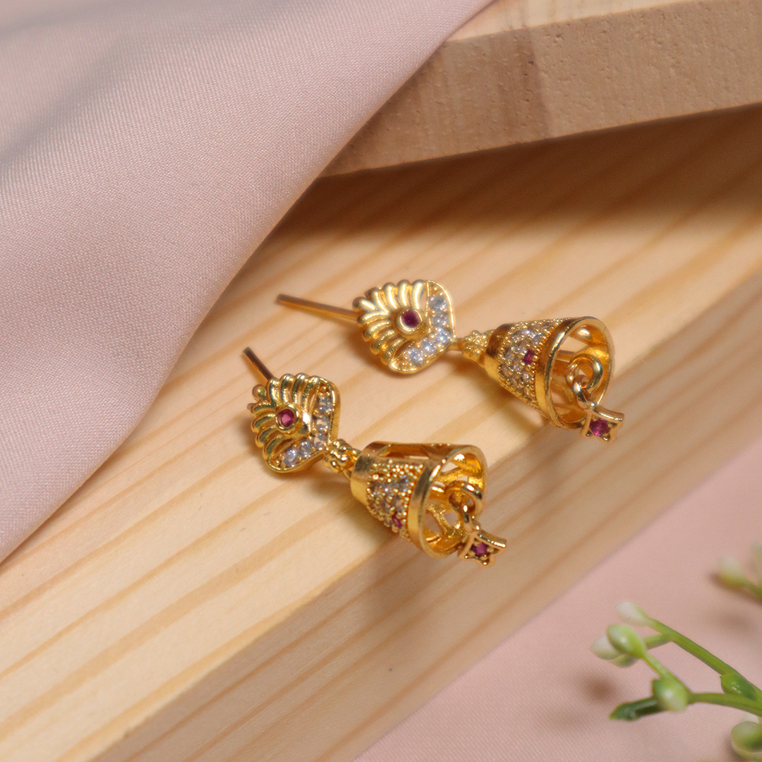Gold Plated Ruby Studded Diamond Jhumka Earrings