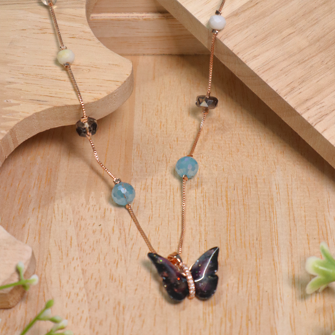 Rose Gold Colorful Glass Beads Butterfly Pendant Necklace
