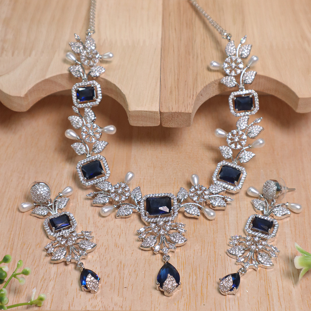 Royal Blue Pearl Luxe American Diamond Necklace With Earrings