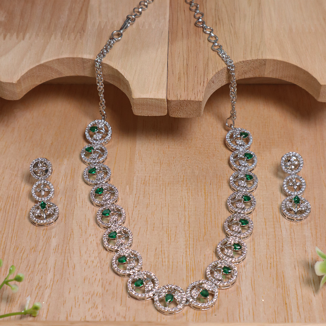 Green Leafy Grace Circle American Diamond Necklace With Earrings