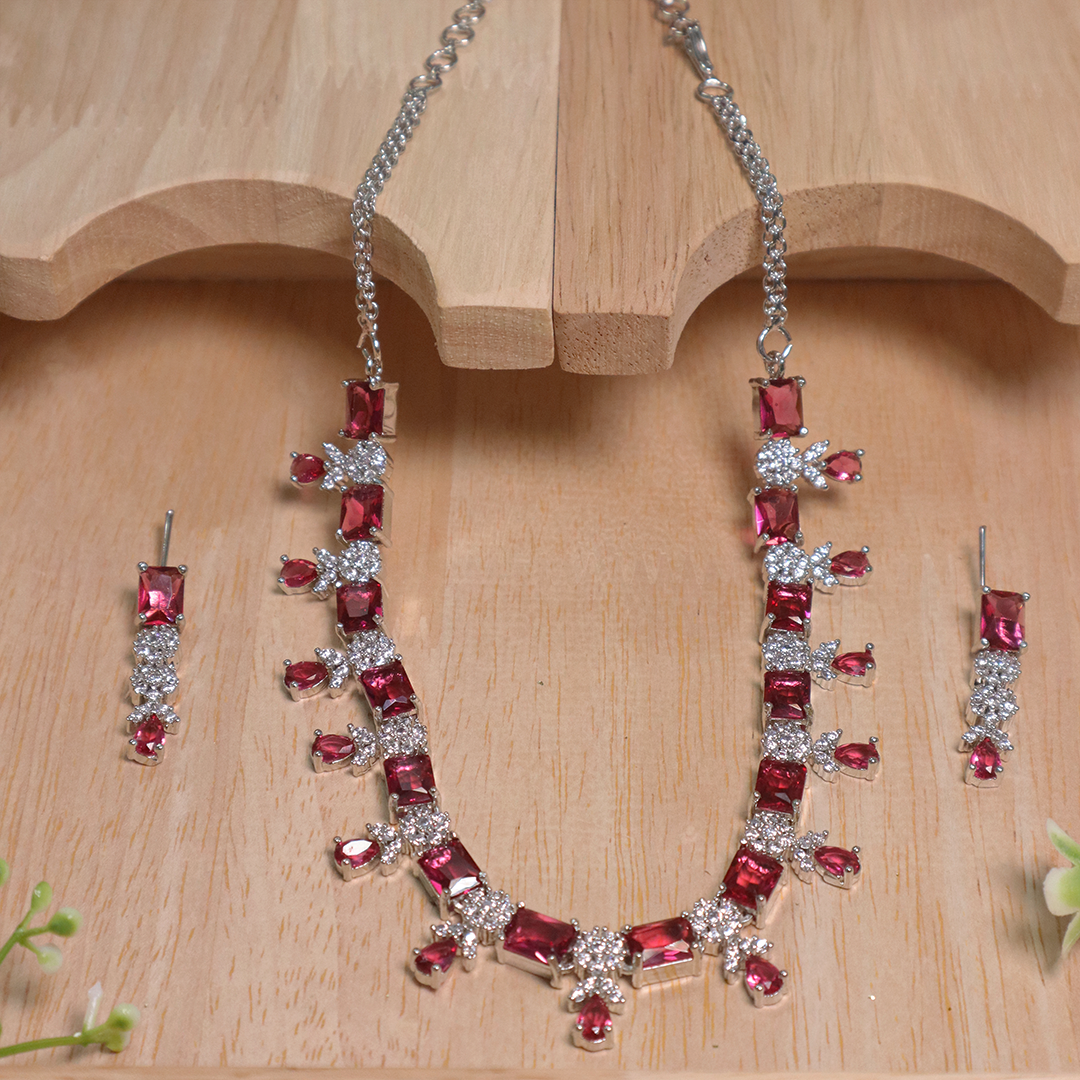 Red Cubic Teardrop American Diamond Necklace With Earrings