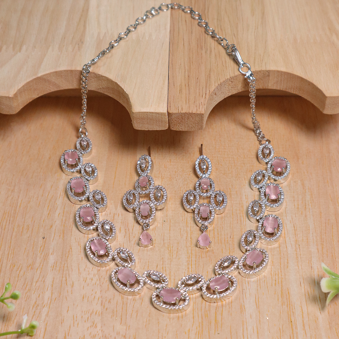 Pastel Pink Oval American Diamond Necklace With Earrings