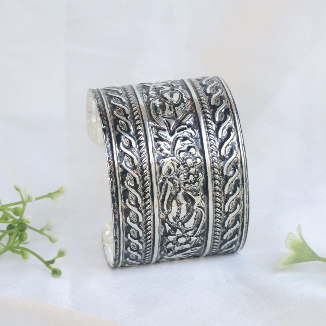Oxidised Silver Engraved Floral Cuff Bracelet