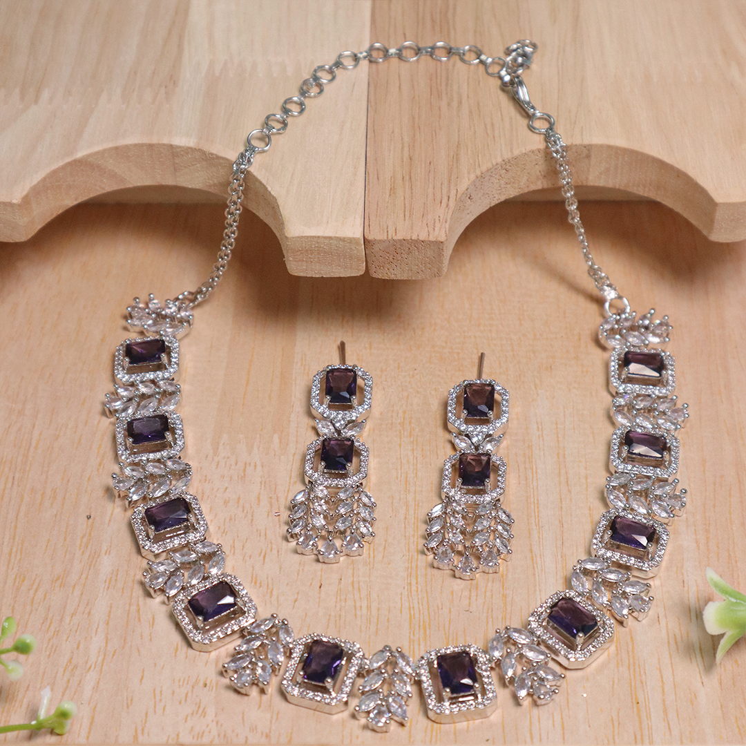 Purpule Luxe American Diamond Necklace With Earrings