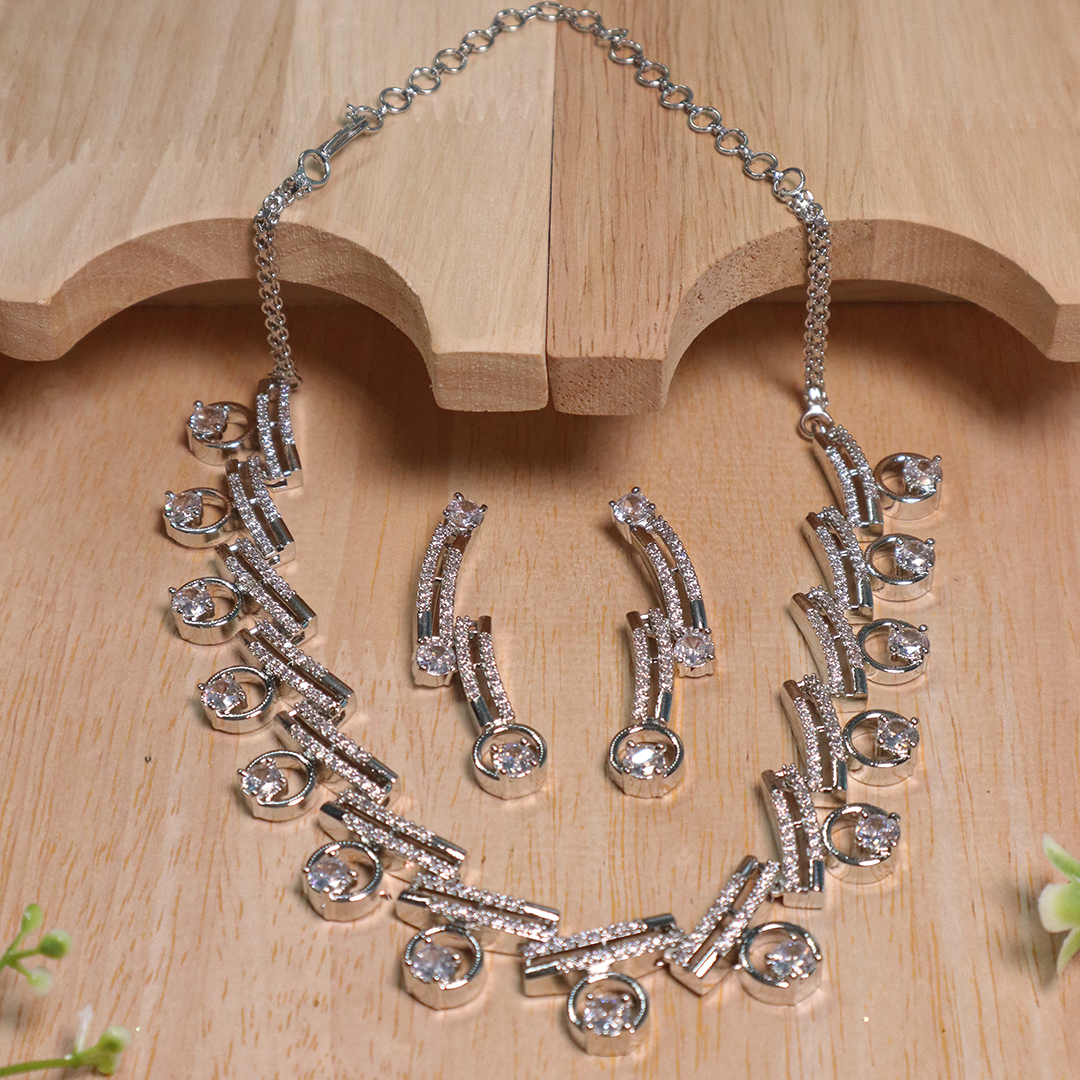 Moonlight Curve American Diamond Necklace With Earrings