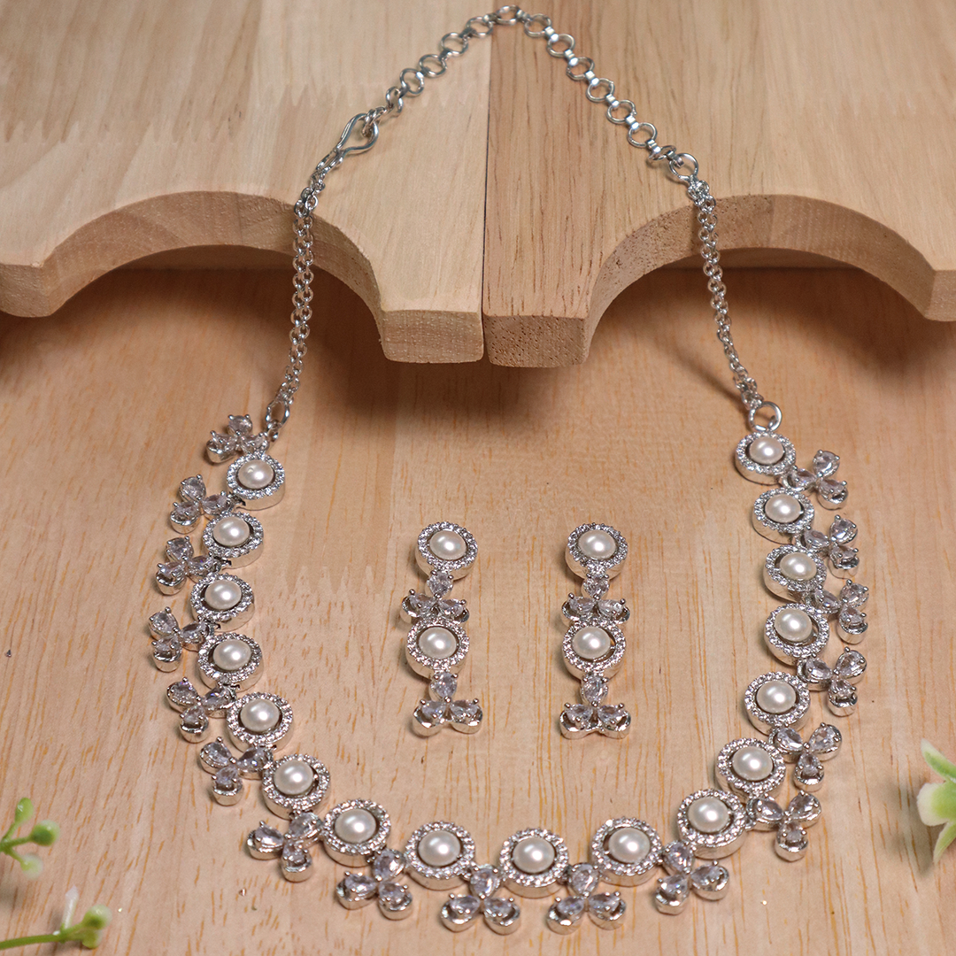 Pearl Radiance Floral American Diamond Necklace With Earrings