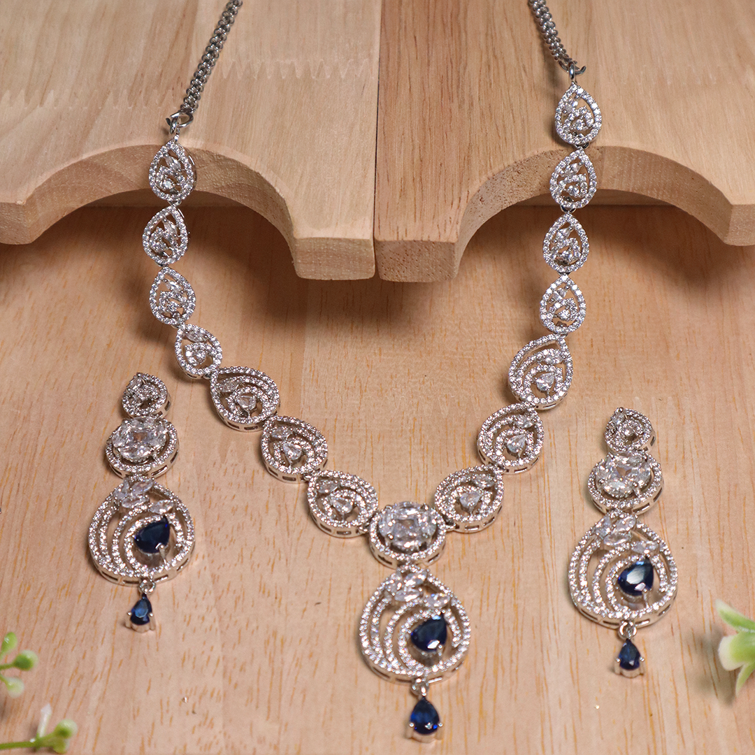 Midnight Blue Peacock American Diamond Necklace With Earrings