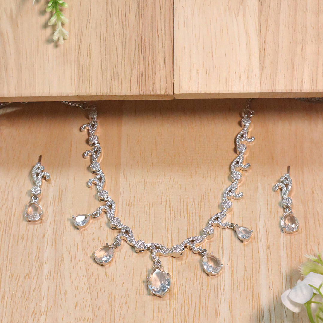 Silver American Diamond Necklace With Earrings