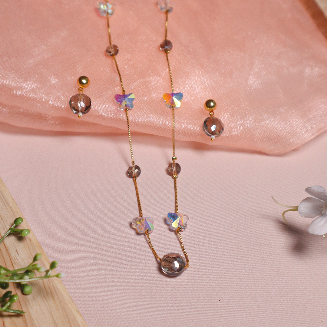 Crystal Wings Grey Beads Necklace With Earrings