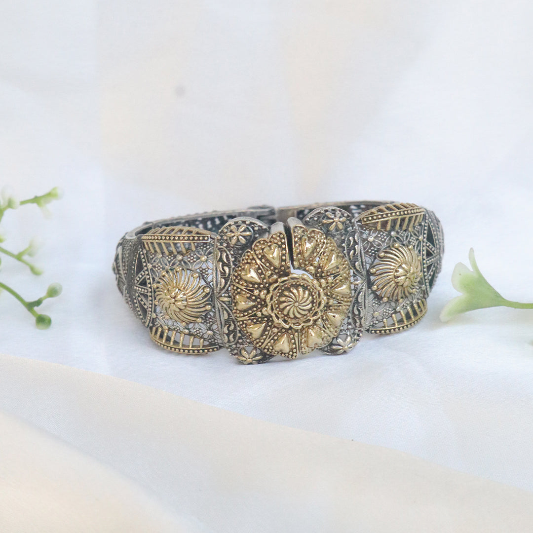 Oxidised Sunburst Medallion Dual Tone Cuff Bracelet