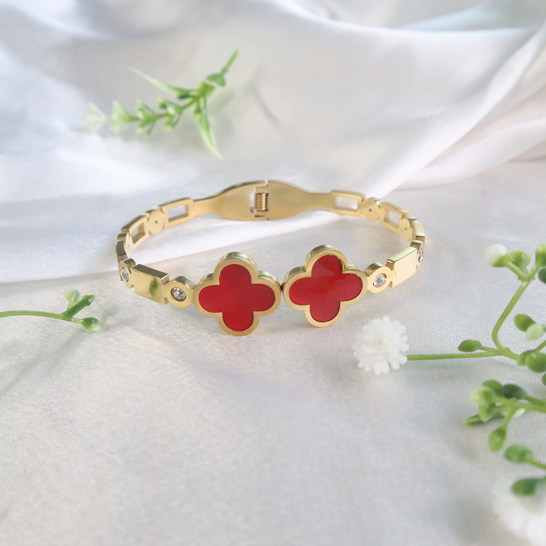 18K Gold Plated Red Floral Charm Bracelet with Crystal Accents (Anti Tarnish)