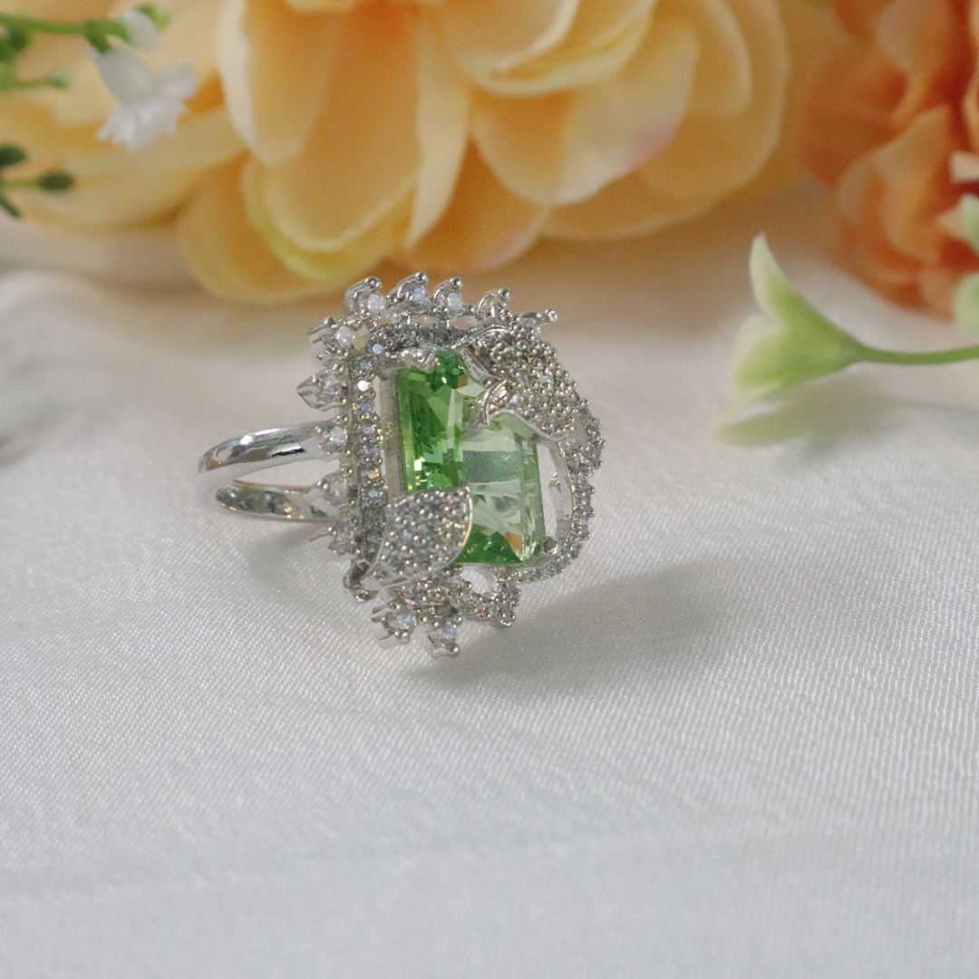 Elegant Green Silver Statement American Diamond Ring