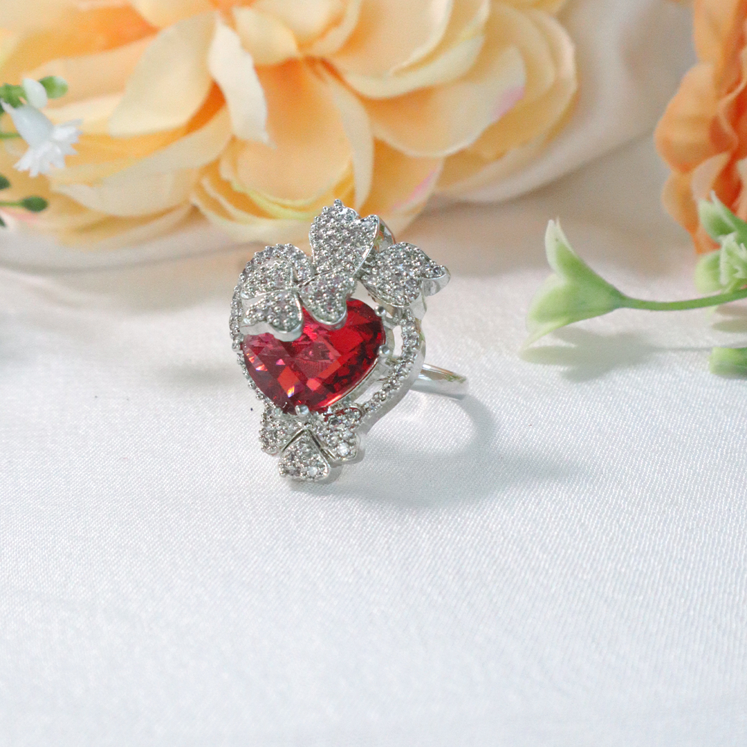 Elegant Heart & Butterfly Flowering American Diamond Ring