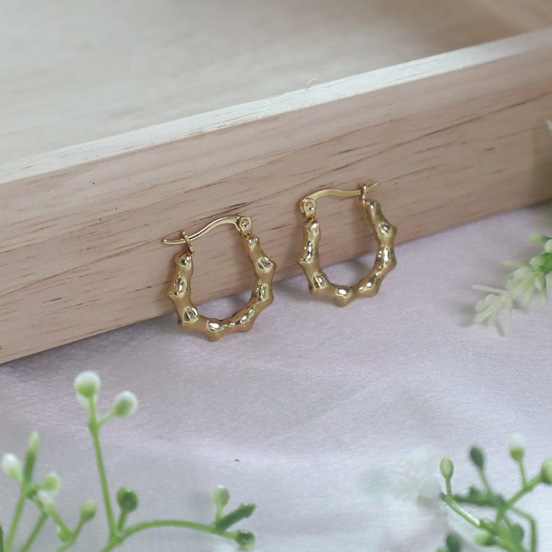 18K Gold Plated Carved Bamboo Hoop Earrings