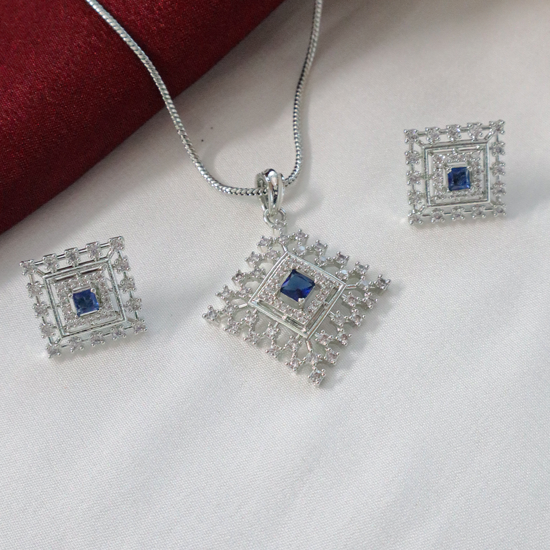 Elegant Silver Halo American Diamond Pendant Set