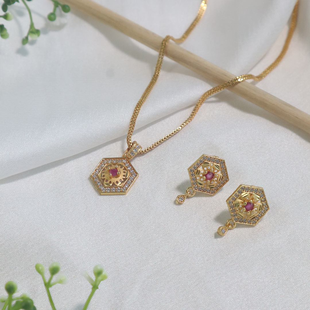 Gold Plated Ruby Hexagon Diamond Pendant with Stud Earrings