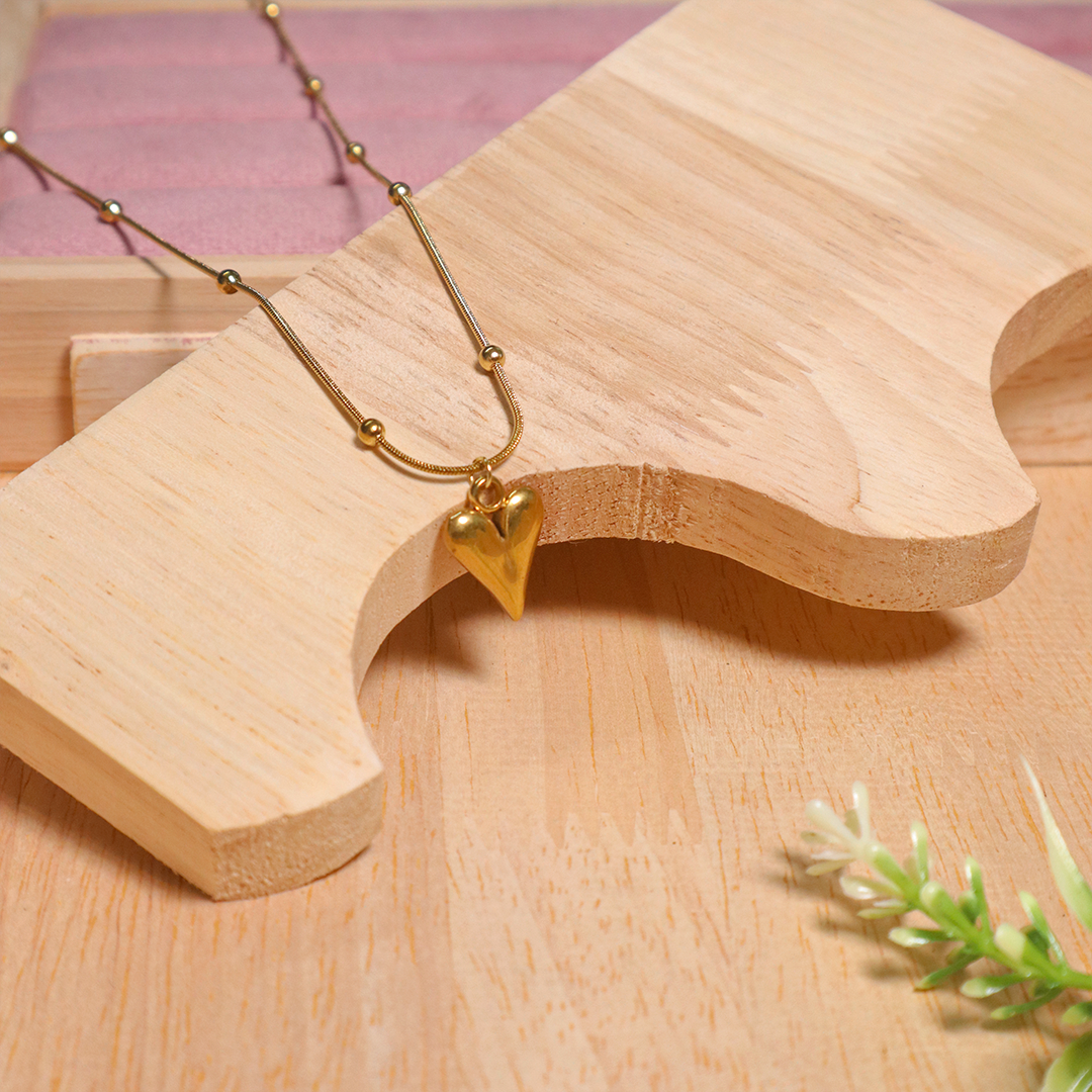 18K Gold Plated Heart Pendant Necklace with Beaded Chain (Anti Tarnish)